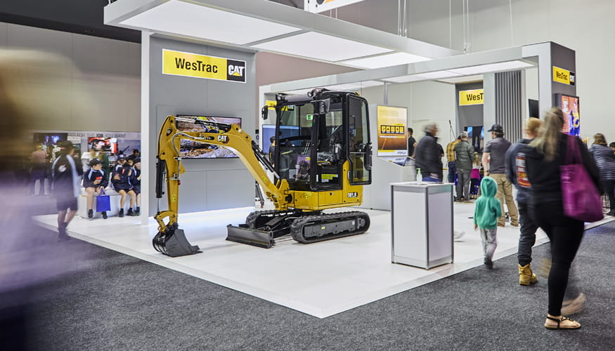 A Cat excavator on display inside the Perth Convention centre during RTS 2021