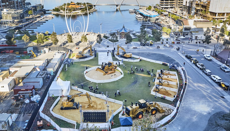 Aerial shot using a drone of the WesTrac and Caterpillar activation at Elizabeth Quay