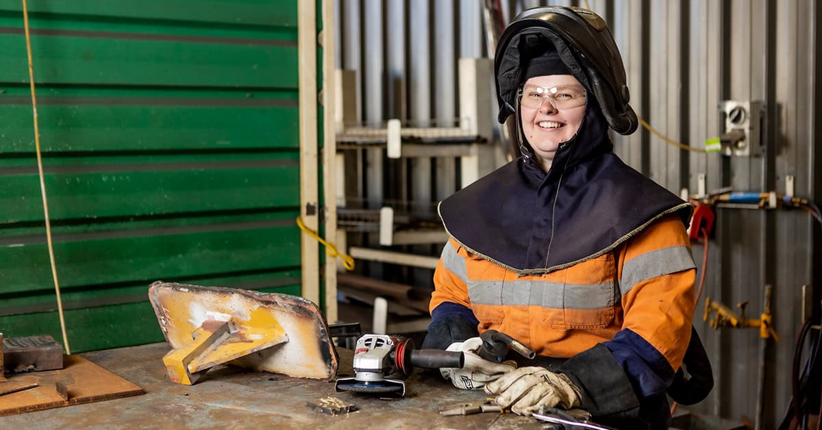 Christie Hayward getting ready for fabrication work at WesTrac Mt Thorley